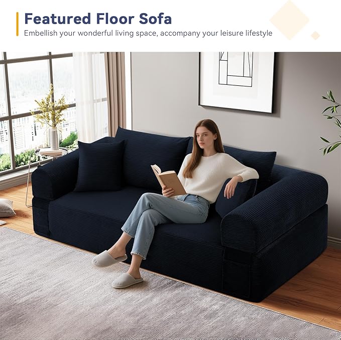 GJQ 83" 3 Seater Sofa Bed,Corduroy Sofa in a Box with 4 Pillows & Storage Pocket,Boneless Couch for Living Room,Convertible Couch Bed,No Assembly Required,Navy Blue