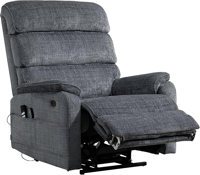 Oversized Power Lift Recliner Chair, Big Tall Man Lay Flat Ergonomic Lounge with Extended Footrest for Elderly People, Single Sofa Heat & Massage. Home Theater Seat, USB&Type-C Port (Chenille, Grey)