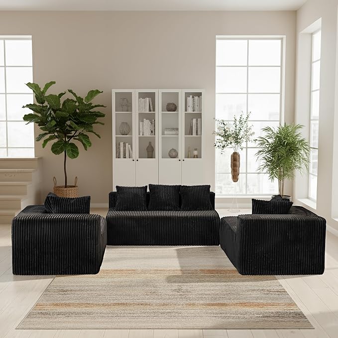 130" Boneless Couch, Cloud Couch Sectional, Corduroy Sofa for Living Room, U Shaped Modular Sofa with Chaise, No Assembly, 4 Seats Oversized (Black)