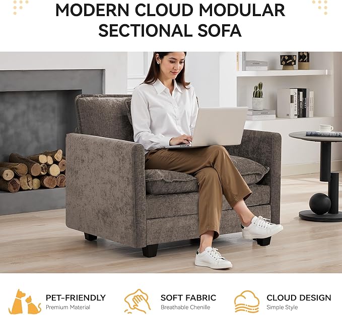 WUTUTUEE 41'' Modern Chenille Oversized Chair, Upholstered Accent Living Room Chair with Extra Thicked Deep Seat, Single Lounge Chair for Bedroom, Small Apartment, Brown