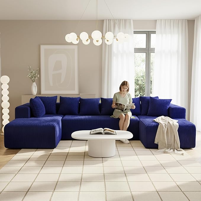 130" Boneless Couch, Cloud Couch Sectional, Corduroy Sofa for Living Room, U Shaped Modular Sofa with Chaise, No Assembly, 4 Seats Oversized (Blue)