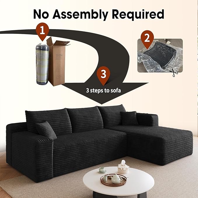 AUGOP 96" Sectional Couches for Living Room Modern Modular Sofa with L-Shape Couchs Upholstered Boneless Couch Deep Seat Sectional Couch with Chaise (Black, 96" Right Facing Chaise+2Seaters)