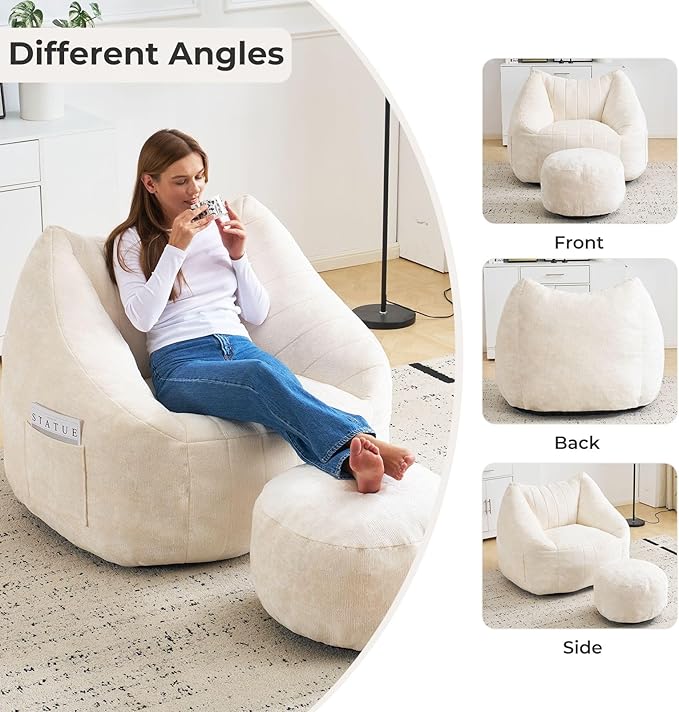 Giant Bean Bag Chair with Ottoman for Adults, Oversized Bean Bag with Filling Plush Fluffy,BeanBag Floor Sofa Chair with with Back Support for Living Room, Bedroom, Reading, Lvory