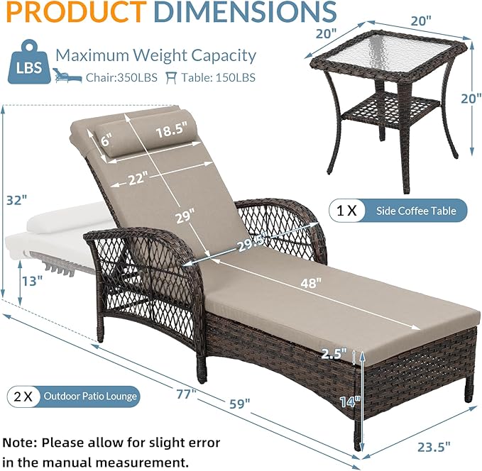 WINGTU 3 Piece Patio Chaise Lounge Set, Outdoor Patio Furniture Modern Lounge Chairs Set of 2 with Side Table & 6-Position Adjustable Backrest, Durable PE Wicker, Weather Resistant Cushions, Beige