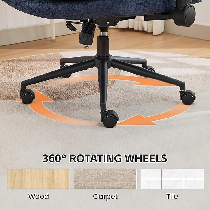 Criss Cross Chair with Flip-up Arms, Wide Criss Legged Chair with 3 Layer Cushion, Ergonomic Office Desk Chair with Wheels, Swivel Vanity Chair for Office, Living Room, Bedroom, Chenille Blue
