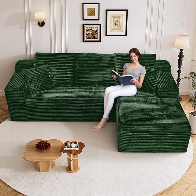 108" Boneless Cloud Sectional Couches for Living Room, Fluffy Comfy Soft L Shaped Memory Deep Seat Foam Boneless Couch, Modular Sectional Sofas with Right Facing Chaise, Green