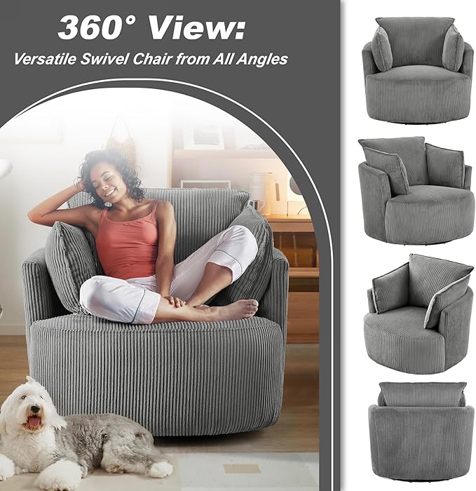 Chorlenimi Swivel Accent Chair Round Barrel Armchair Upholstered Living Room Chair Corduroy Reading Chair Single Sofa Chair for Bedroom Apartment Office (Grey, Standard 1Seater)
