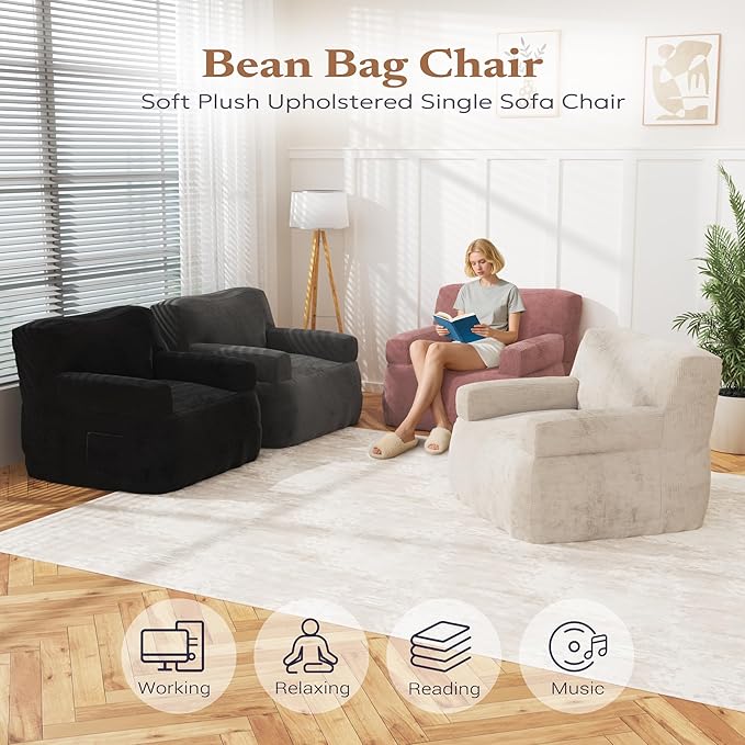 Giant Bean Bag Chair for Adults, Plush Big Bean Bag Lounger Chair with Shredded Foam Filling, Oversized Comfy Floor Sofa Couch with Side Pocket for Bedroom Living Room Black