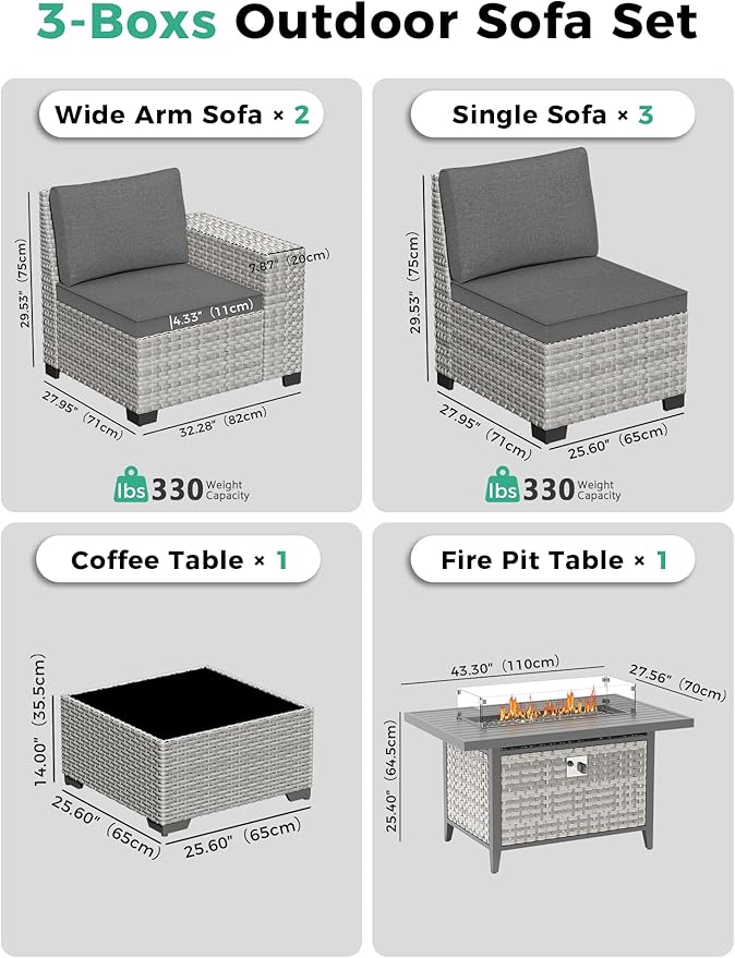 7 Piece Outdoor Wicker Rattan Sectional Sofa Set with Fire Pit Table, 5-Seats Conversation Set with 4" Thickened Cushions & Coffee Table, All-Weather PE Rattan for Garden, Backyard, Porch, Black