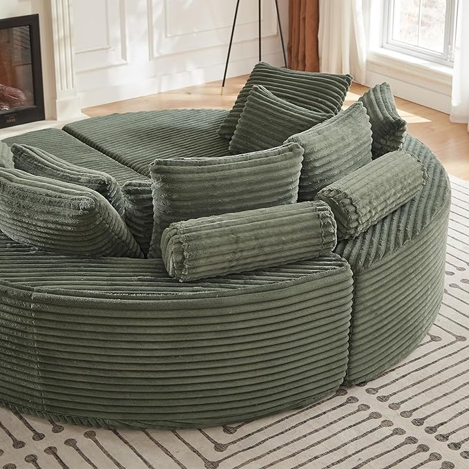 78-inch Oversized Round Chaise Lounge Chair Indoor, Convertible Folding Sofa Bed w/ 10 Pillows, Fluffy Corduroy Boneless Compressed Memory Foam Couch for Living Room, Bedroom (Green, Left & Right)