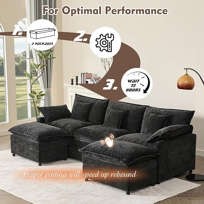 GOSUHI 108" U Shaped Couch, Modular Sectional Sofa, 3-Seater Comfy Cloud Couch with Movable Ottoman, Deep Seat Couches for Living Room, Chenille, Black