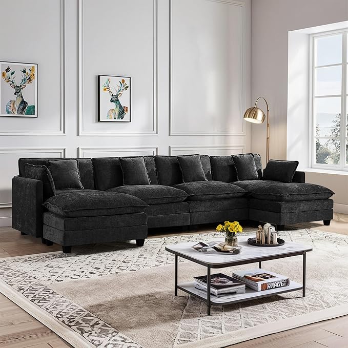 UMBFUN 4-Seater Cloud Couch with 2 Ottomans, Extra-Large Modular Sectional U Shaped Sofa with Deep Seat Cushions, Chenille Couch for Living Room, Dark Grey