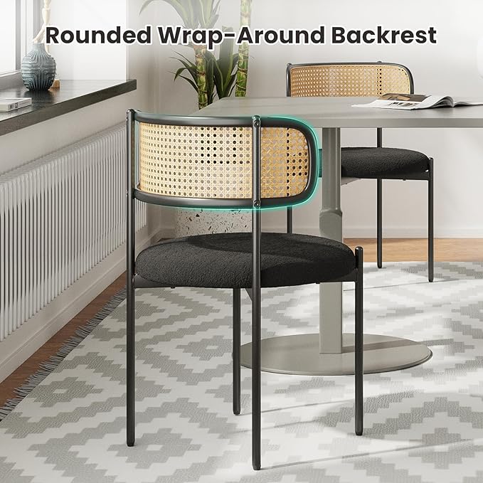 Farini Dining Chairs Set of 2,Mid-Century Modern Kitchen Chair Rattan Backrest Round Upholstered Sherpa Dining Chairs with Metal Legs,Black