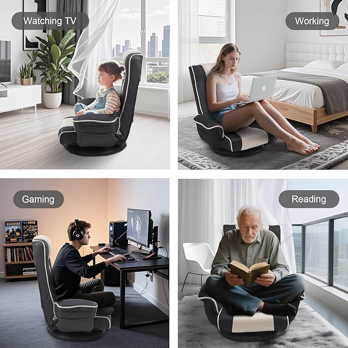 Linen Fabric Ergonomic Gaming Chair, 6-Position Reclining Sofa Bed with Lumbar Support, Foldable Floor Lounger with Thick Cushion, Armrests & Side Pockets for Esports, Reading, Napping (Grey + Beige)