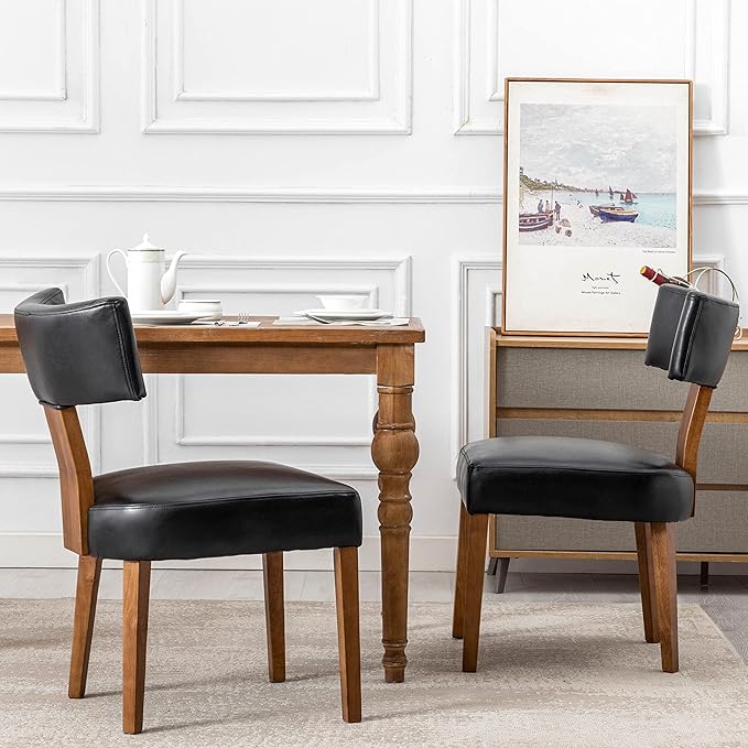 RIVOVA Mid Century Modern Dining Chairs Set of 6 PU Leather Upholstered Side Chairs, Modern Kitchen Armless Parson Chairs Solid Wood Dining Chairs, Black