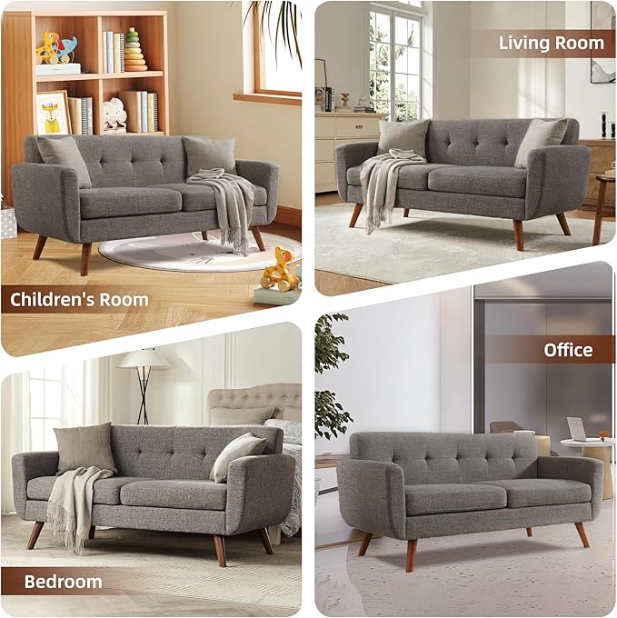 Tbfit 65" W Loveseat Sofa, Mid Century Modern Love Seat Couches for Living Room, Button Tufted Upholstered Small Couch for Bedroom, Solid and Easy to Install Love Seats Furniture, Grey | linen fabric, button tufted, solid wood foot, pocket spring, wood...