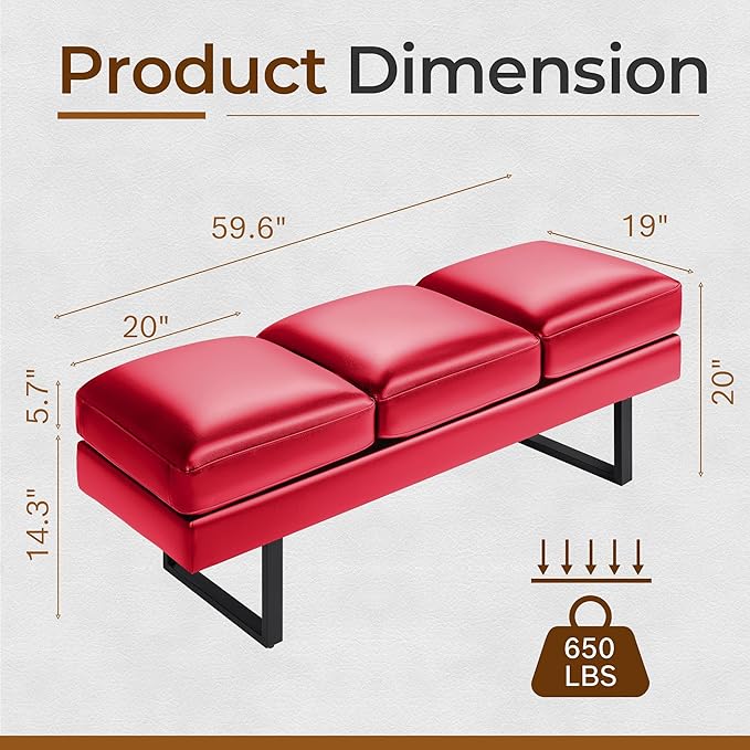 JUMMICO Office Chair Seating Waiting Room Chair, 59.6 inches Upholered Reception Bench 3 Seat Faux Leather Office Guest Chair Conference Room Chair for Salon and Shop (Red)
