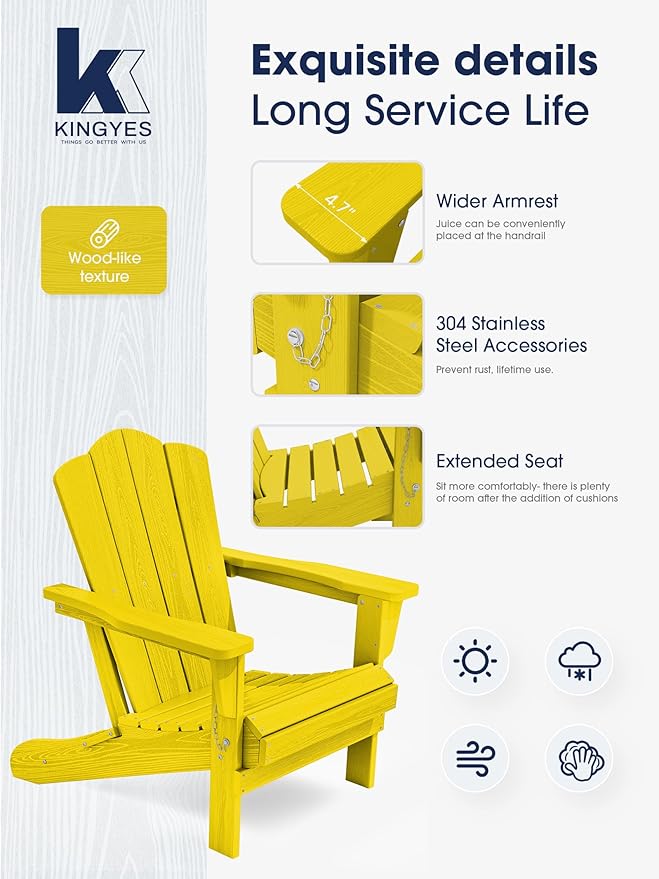 KINGYES Folding Adirondack Chair Set of 6, HDPE All-Weather Folding Adirondack Chair, Yellow