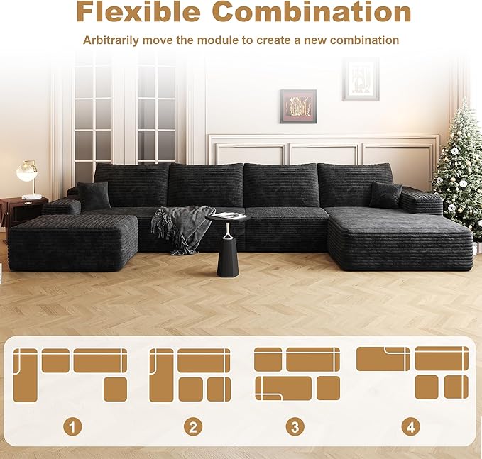 AUGOP 136" Sectional Couches for Living Room Modern Modular Sofa with L-Shape Couchs Upholstered Boneless Couch Deep Seat Sectional Couch with Chaise (Black, Right Facing Chaise+3Seaters+Ottoman)