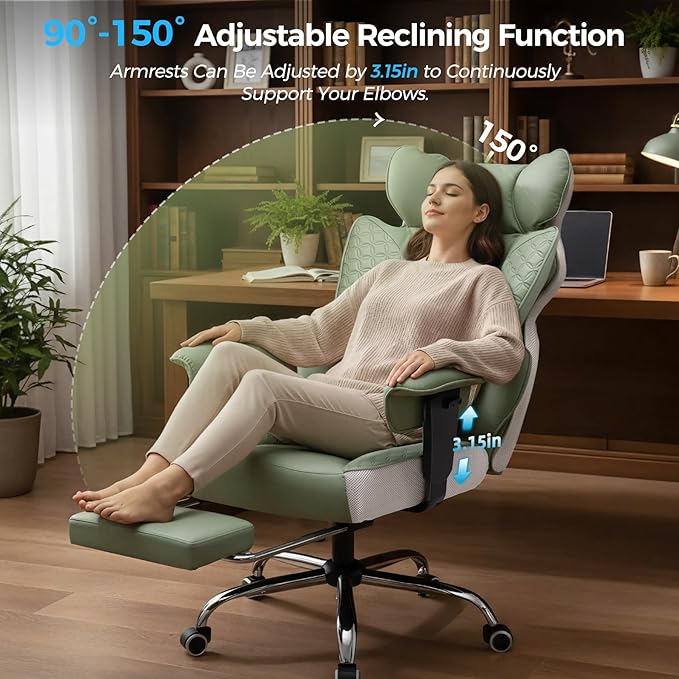 COMHOMA Big and Tall Office Chair 400LBS Wide Ergonomic Gaming Chair with Deluxe Embossing Designed Leather with Foot Rest,150°Reclining Adjustable Armrests Pocket Spring Back Support and Pillow