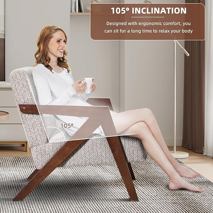 INZOY Mid Century Modern Accent Chair with Wood Frame, Upholstered Reading Armchair with Soft Linen Fabric, Accent Chair for Living Room Bedroom Apartment, Easy Assembly, Light Brown
