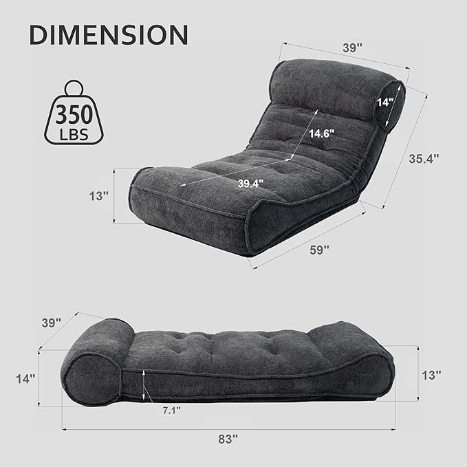 Lazy Floor Bed 83" – Extra Comfy Sleeper Chaise Lounge Chair Indoor, Adjustable Recliner Floor Lounger, Plush Futon Chair Bed for Yoga, Gaming, Meditation & Reading Nook (Recliner, Black)