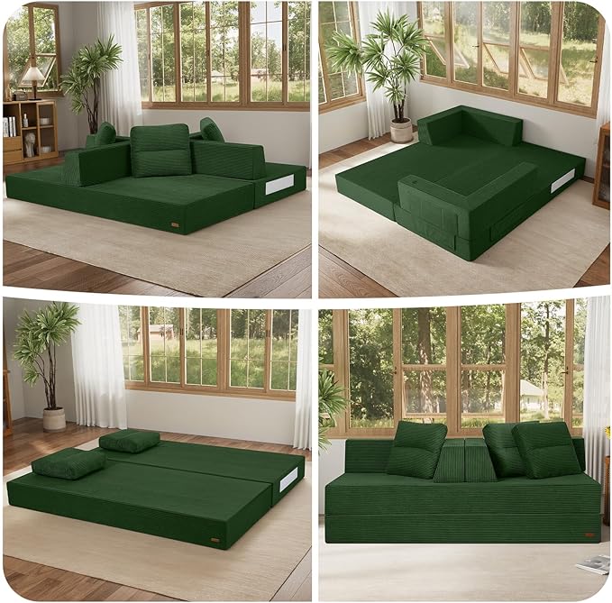 COMAX Futon Sofa Bed Queen, 79" Convertible Sofa Bed Couches for Living Room, 4 in 1 Folding Boneless Sleeper Corduroy Couch Loveseat Foam In a Box, Comfy Foldable Lounge Fold Out Floor Mattress Green