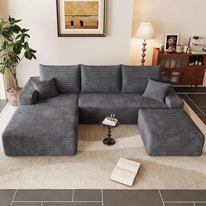 95" Cloud Sectional Couch with Ottoman,Modern U-Shaped Cloud Couch with Deep Seat,Comfy Corduroy 3-Seater Sofa,Memory Foam Sofa for Living Room,No Assembly (Dark Gray,Left-Facing Chaise)