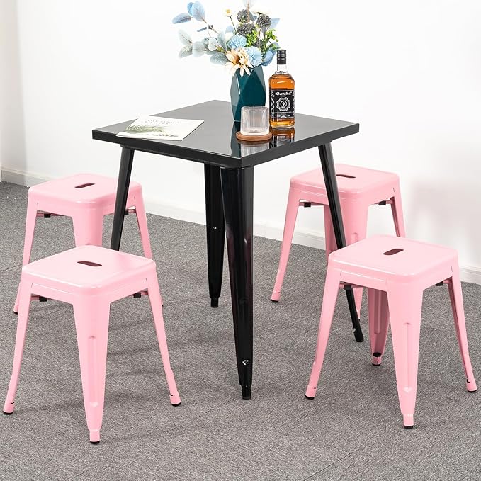 Brage Living 18 Inch Industrial Metal Stools Set of 4, Stackable Classroom Stools, Backless Metal Dining Chairs for Indoor Outdoor, Kitchen Short Stools (Pink)