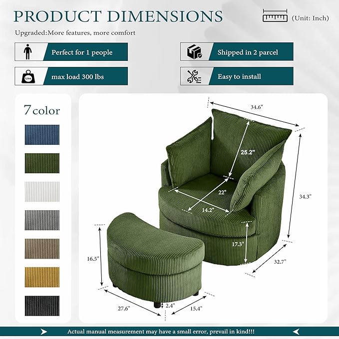 Chorlenimi Swivel Accent Chair Round Barrel Armchair Upholstered Living Room Chair Corduroy Reading Chair Single Sofa Chair for Bedroom Apartment Office (Green, Upgrade 1Seater+ Ottoman)