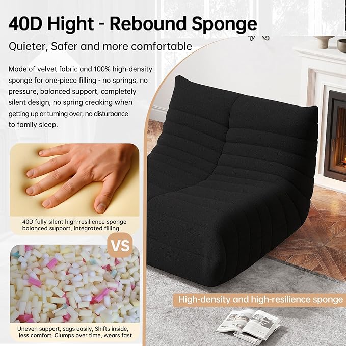 Bean Bag Chairs for Adults, BeanBag Reading Chair Memory Foam Couch, Floor Chair Soft Teddy Material, Comfy Reading Nook Chairs for Bedroom Living Room Office (Black)