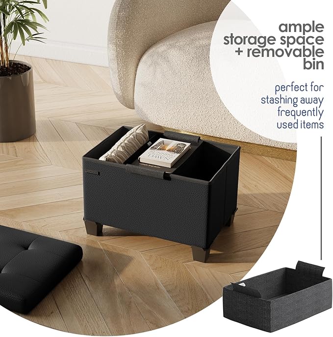 Storage Ottoman Cube with Small Bin, 16-in Square Ottoman with Storage for Living Room and Bedroom, Small Ottomans Foot Rest, Faux Leather Foot Stools Ottomans Max 330lbs, Black