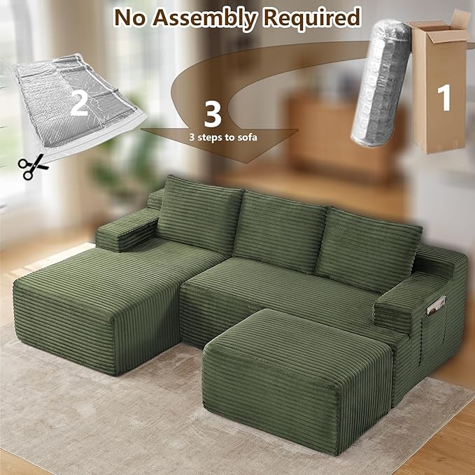 96" U-Shape Cloud Couch, Modern Modular Sectional L-Shape Sofa with Ottoman, Corduroy Upholstered Couches Deep Seat Sleeper Chaise Longue for Living Room, No Assembly Required(Green, Left Facing)