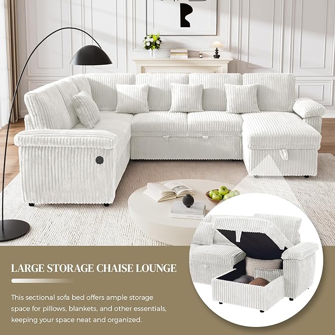 Modular Sectional Sleeper Sofa with Pull Out Bed, Storage Chaise & USB Charging, U Shaped Plush Corduroy Beige Sectional Couches for Living Room, Comfy Convertible 7 Seat Cloud Sofa Bed, Beige
