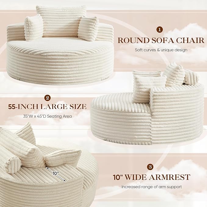 Oversized Round Chaise Longue Chair Indoor, Modern 55-inch Upholstered Corduroy Deep Seat Circle Single Cloud Lounge Floor Sofa Chair for Living Room, Bedroom Apartment, Beige