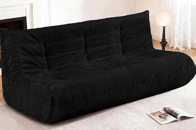 Bean Bag Chair,Giant Beanbag Chairs for Adults,Comfy Large Fireside Chair Lazy Sofa,Corduroy Bean Bag Lounger with Memory Foam Filled,Floor Sofa Couch for Home,Living Room (Black, 3-Seater)