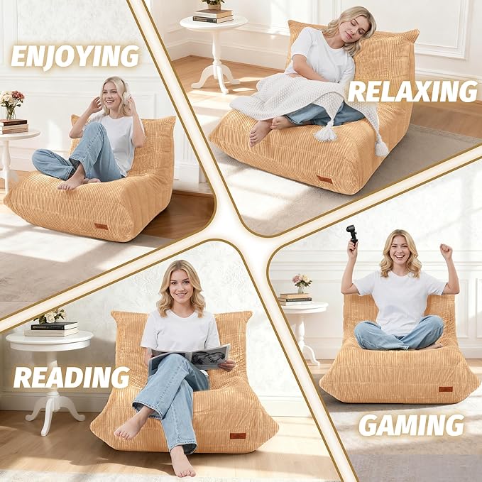 Bean Bag Chair,Giant Beanbag Chairs for Adults,Comfy Large Fireside Chair Lazy Sofa,Corduroy Bean Bag Lounger with Memory Foam Filled,Floor Sofa Couch for Home,Dorm,Living Room (Khaki)