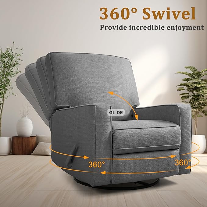 KeyEnergy Swivel Rocker Recliner Chair for Adults, High Back Fabric Recliner with Deep Seat, Manual Glider for Living Room & Nursery, Charcoal