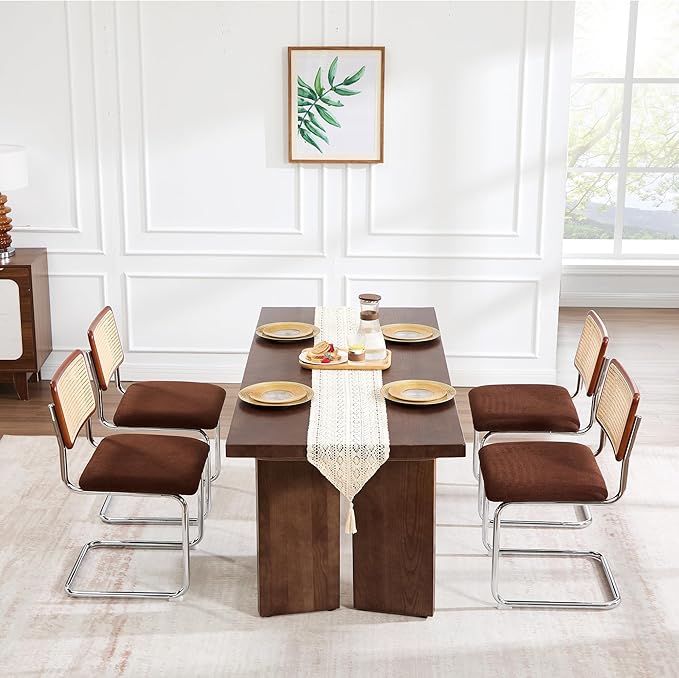Zesthouse Rattan Dining Chairs Set of 6, Mid Century Modern Dining Room Chairs with Natural Cane Mesh & Chrome Base, Brown Cesca Chair Chenille Fabric, Farmhouse Kitchen Chair with Solid Wood Back