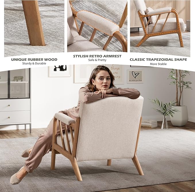 INZOY Mid Century Modern Accent Chair with Wood Frame, Upholstered Reading Armchair with Soft Linen Fabric, Accent Chair for Living Room Bedroom Apartment, Easy Assembly, Beige