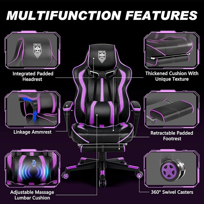 Vonesse Purple Gaming Chair with Footrest, Reclining Computer Gaming Chairs for Adults, Ergonomic Gamer Chair with Massage, Big and Tall PC Game Chair(Purple/Black)