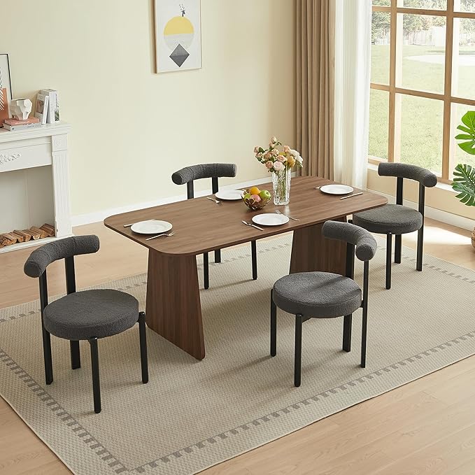 Kiztir Boucle Dining Chairs Set of 4, Modern Dining Room Chairs with Curved Backrest and Black Metal Legs, Upholstered Round Dining Accent Chairs for Kitchen, Living Room, Bedroom (Gray)