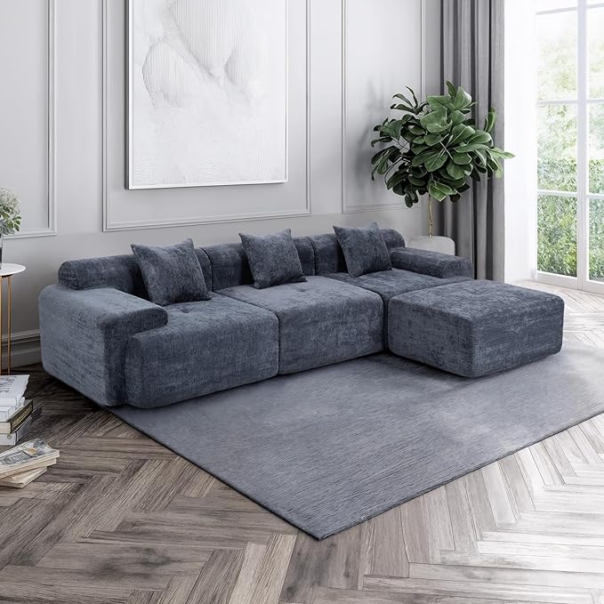 119’’ Modular Sectional Sofa, Cloud Sectional Couch with Deep Seat, Modern Modular Compression Sofa Couch with Chaise, Upholstered Couches, Throw Pillows for Living Room Bedroom, Blue
