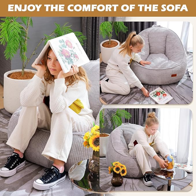 Bean Bag Chair, Cozy Fluffy Beanbag Chairs with Filler for Teens and Kids, Floor Lazy Sofa for Living Room, Gaming & Reading（M-Light Grey）