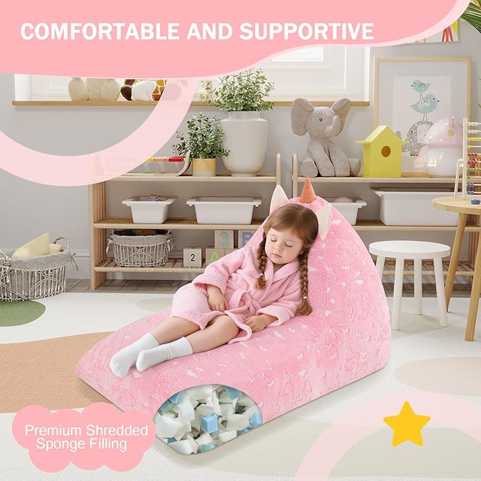 COMAX Unicorn Bean Bag Chairs for Kids, Kid Beanbag Chair with Filler, Toddler Lounge Bean Chair, Children Lazy Floor Lounger for Girls Boys, Glowing Pink Unicorn