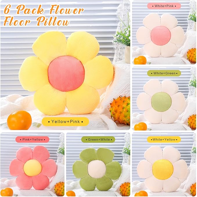 Coume 6 Pcs Flower Floor Pillows, Daisy Throw Pillows 16 Inch Flower Seating Cushions for Back to School Reading Classroom Sofa Couch Bed Decor(Yellow, Pink, Green with White Core)