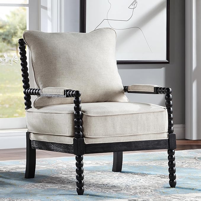 DUHOME Linen Fabric Spindle Accent Chair with Wood Frame,Bobbin Chair with High Resilience Spring Cushion and Armrest Pads, Leisure Armchair for Living Room Bedroom Farmhouse Home Office Belcony