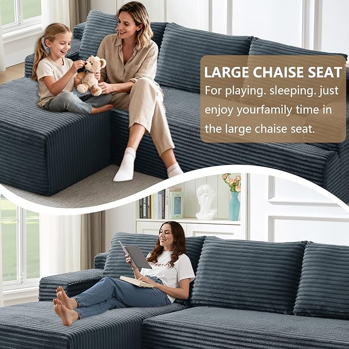 96.1" Modular Sectional Sofa Couches L-Shape Couch 3 Seat Modular Sofa Corduroy Memory Foam Sectional Boneless Couches for Living Room, Cloud Couch with Oversized Chaise(Dark Gray, Left Facing)