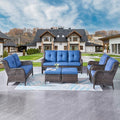 Rilyson Wicker Patio Furniture Set - 6 Piece Rattan Outdoor Sectional Conversation Sets with 1 Sofa,1 Loveseat,2 Armrest Chairs and 2 Ottomans for Porch Deck Garden(Brown/Blue)