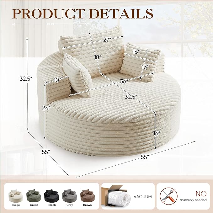 Oversized Round Chaise Longue Chair Indoor, Modern 55-inch Upholstered Corduroy Deep Seat Circle Single Cloud Lounge Floor Sofa Chair for Living Room, Bedroom Apartment, Beige